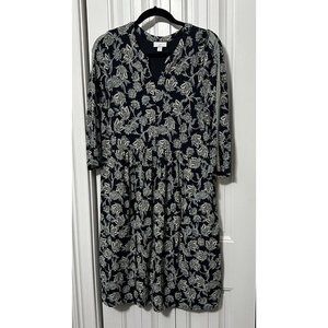 J.Jill Dress Womens XS Floral Blue Print Knit Fabric V-neck 3/4 Sleeves Pockets